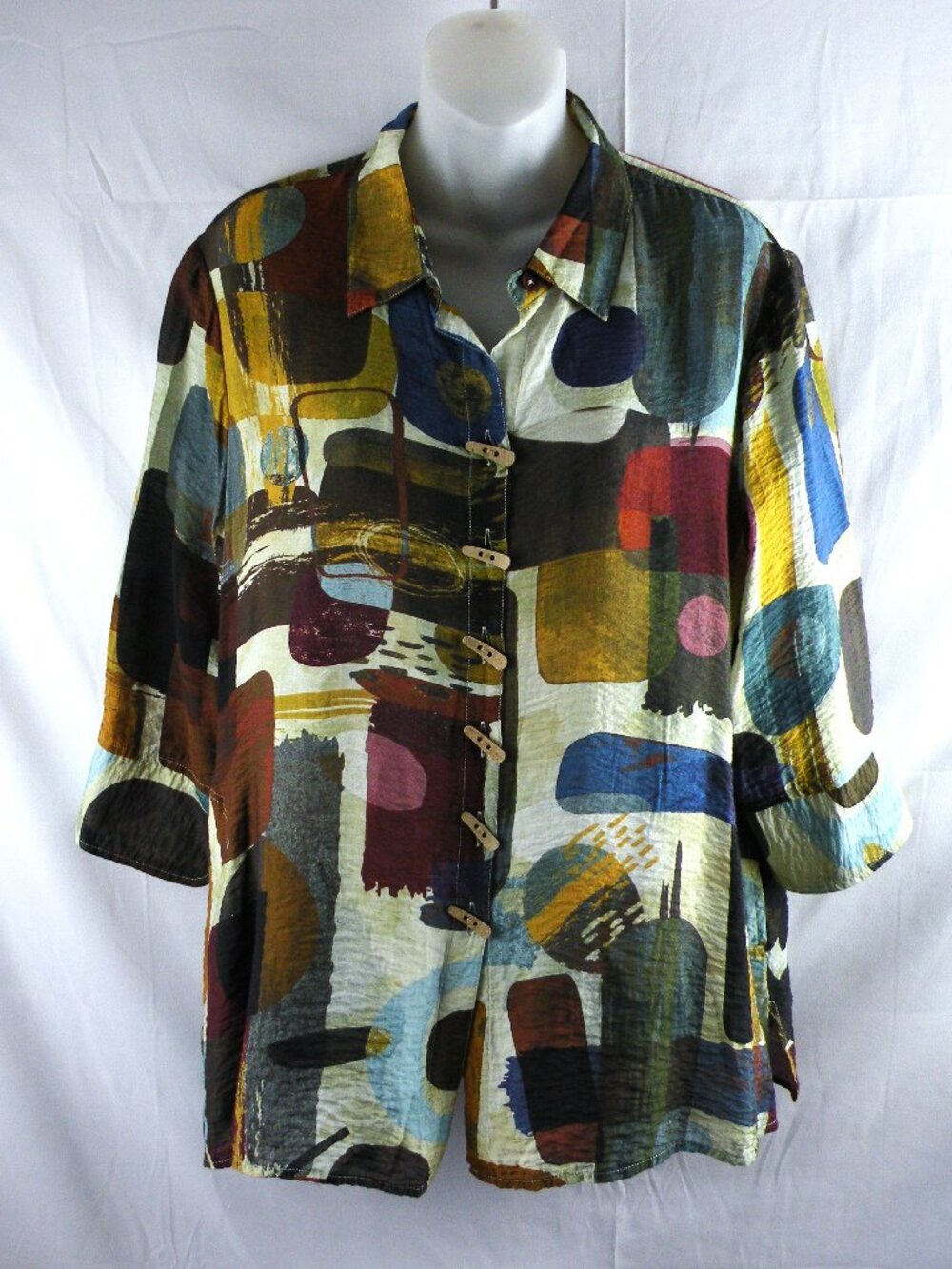 Ali Miles Artsy Printed Button Front Tunic Top Pockets Women's Art to Wear PXL